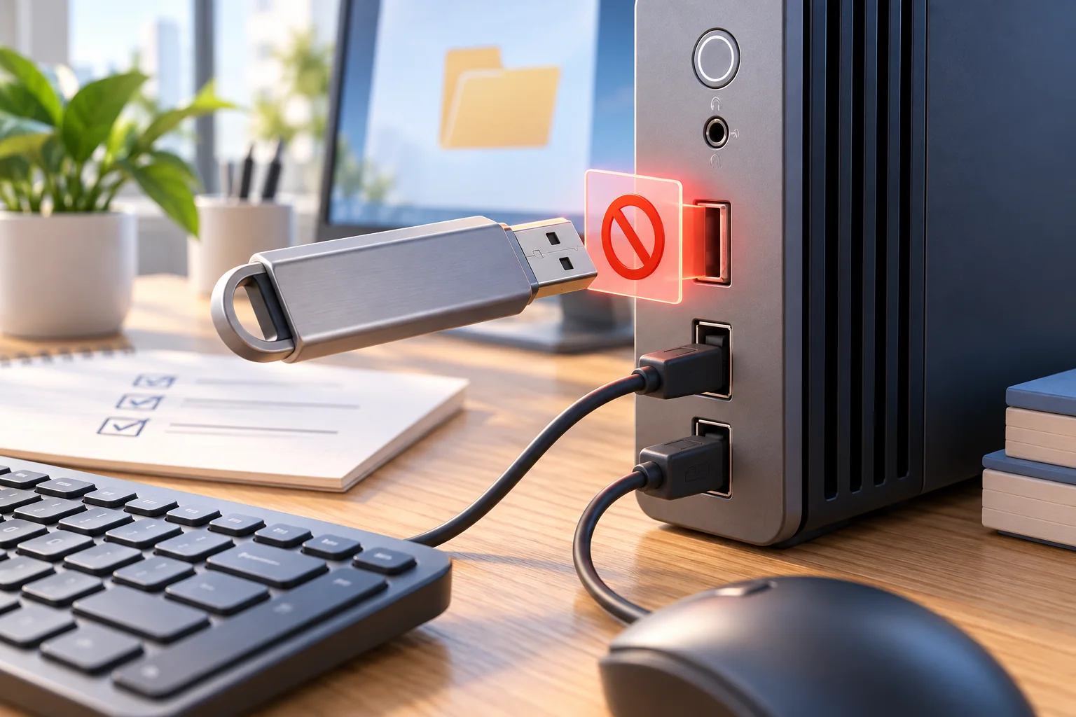 Ein USB-Stick wird durch ein rotes Sperrsymbol vor dem Anschluss eines Firmencomputers aufgehalten, während Tastatur und Maus angeschlossen bleiben.