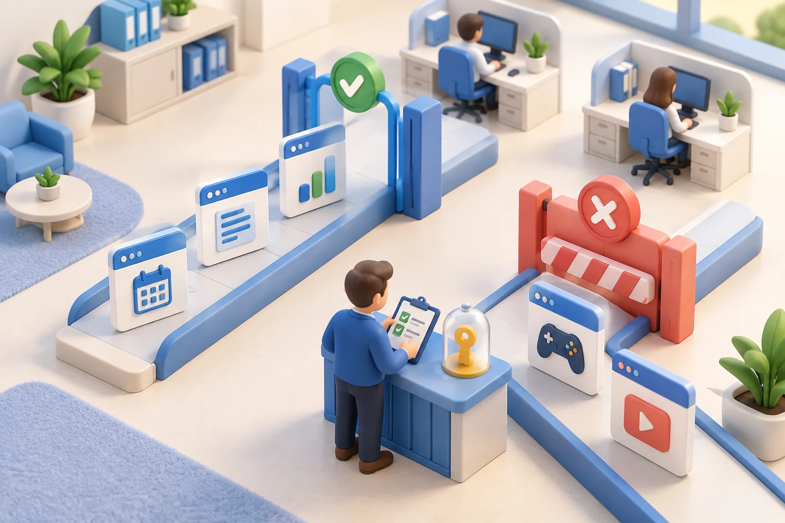 3D illustration of approved business websites passing through a blue gate while a red barrier blocks entertainment websites, with an administrator reviewing exceptions.