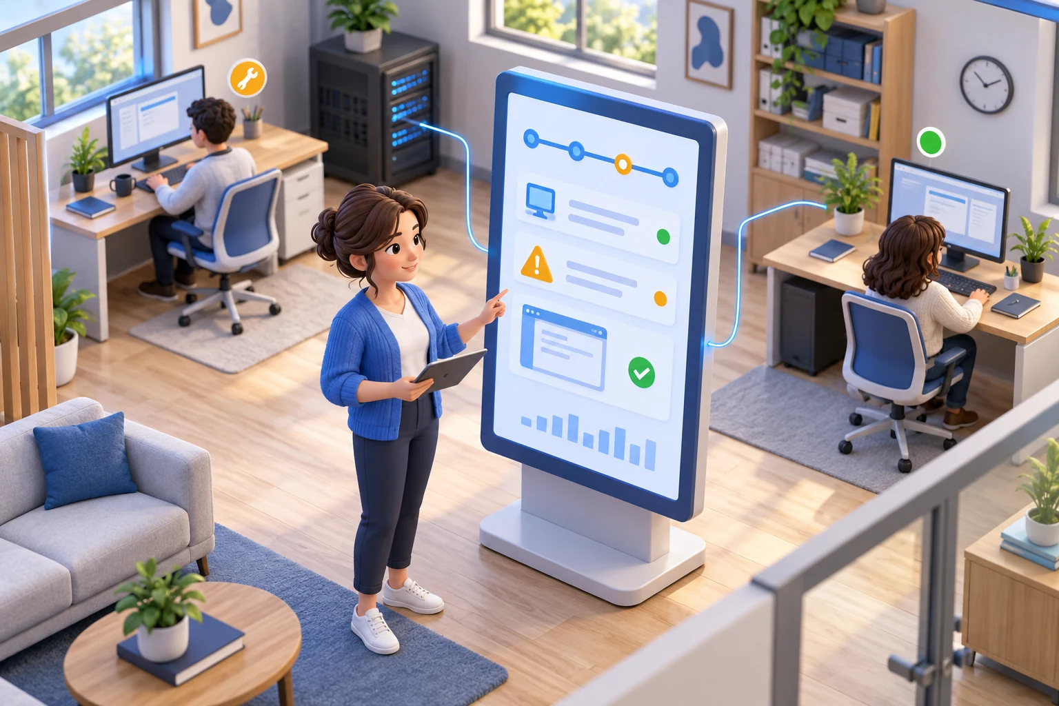 3D illustration of an IT administrator holding a tablet beside an activity display, with connected office computers and warning and resolved-status indicators.