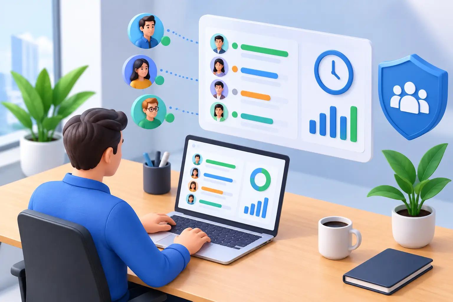 3D-Illustration einer Führungskraft mit Aktivitätsübersichten, Mitarbeiterprofilen, einer Uhr und einem Schutzschild für das Team.