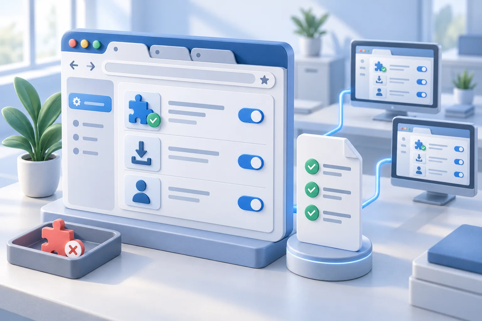 Panel pengaturan browser pusat menampilkan ekstensi yang disetujui, kontrol unduhan dan profil, serta kebijakan seragam pada dua layar komputer perusahaan.