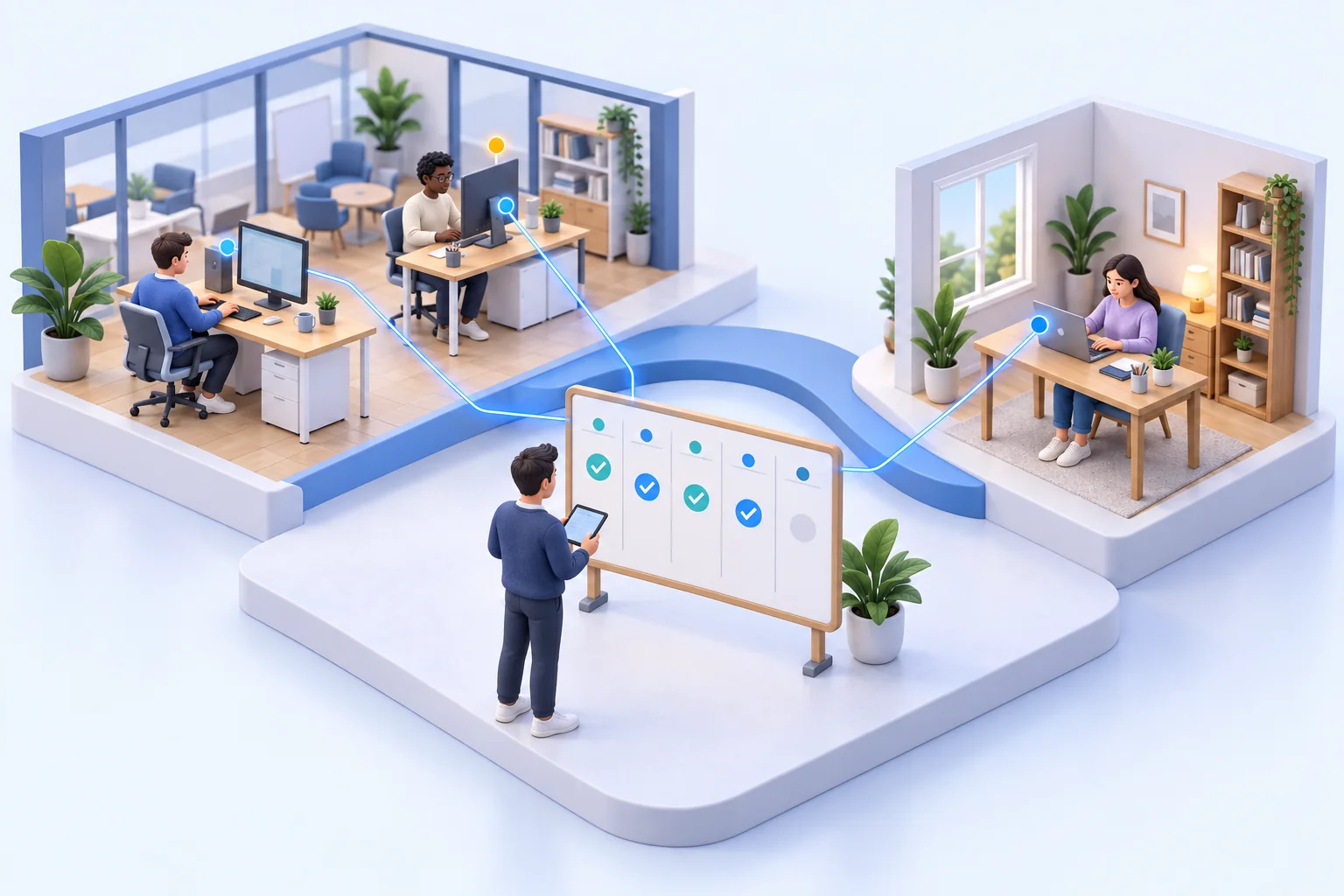 Ein IT-Koordinator prüft eine Wochenplantafel, die zwei Bürocomputer und einen Heimarbeitsplatz verbindet; ein Gerät ist zur Überprüfung markiert.
