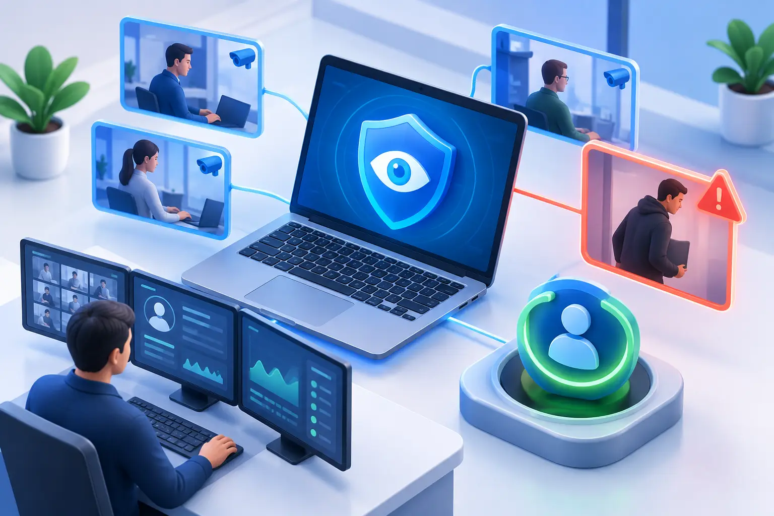 Ilustrasi 3D administrator meninjau aktivitas karyawan pada beberapa monitor, dengan perisai keamanan di tengah dan peringatan risiko internal yang disorot.