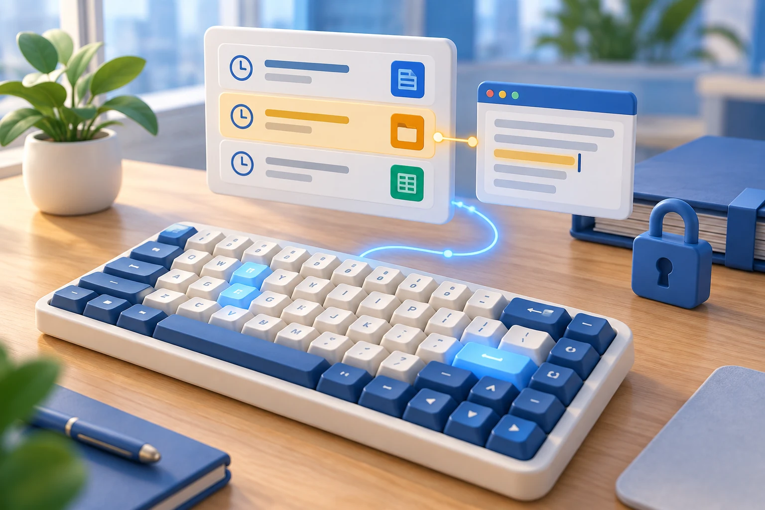 3D-Illustration einer blau-elfenbeinfarbenen Tastatur, verbunden mit einer zeitgestempelten Aktivitätsanzeige und einer Anwendungsansicht; ein verschlossener Ordner steht für geschützte Aufzeichnungen.