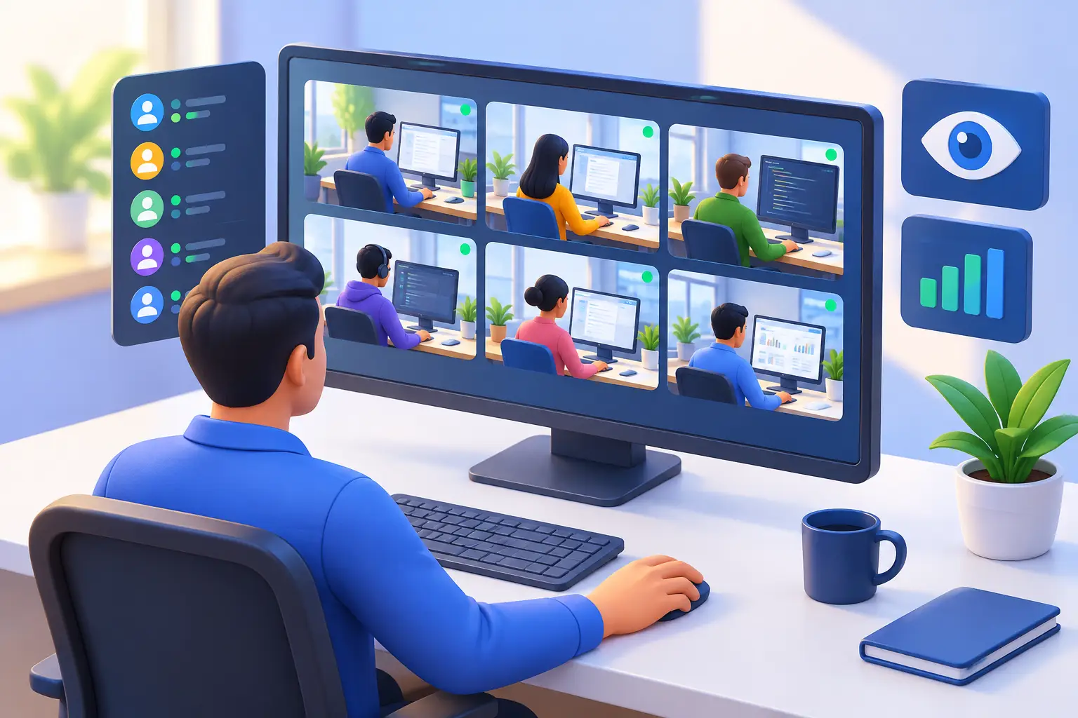 Illustration 3D d’un responsable observant six écrans d’employés sur un grand moniteur, avec des indicateurs de connexion, un panneau d’activité de l’équipe et des icônes de visibilité et de rapports.