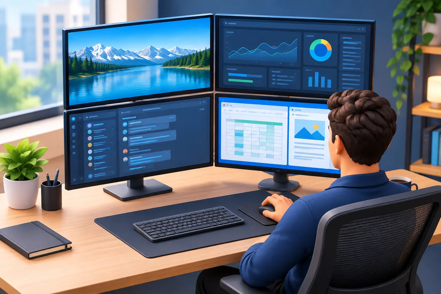 Ilustrasi 3D administrator di meja dengan empat monitor yang menampilkan dasbor aktivitas, pesan tim, lembar kerja, dan lanskap desktop.