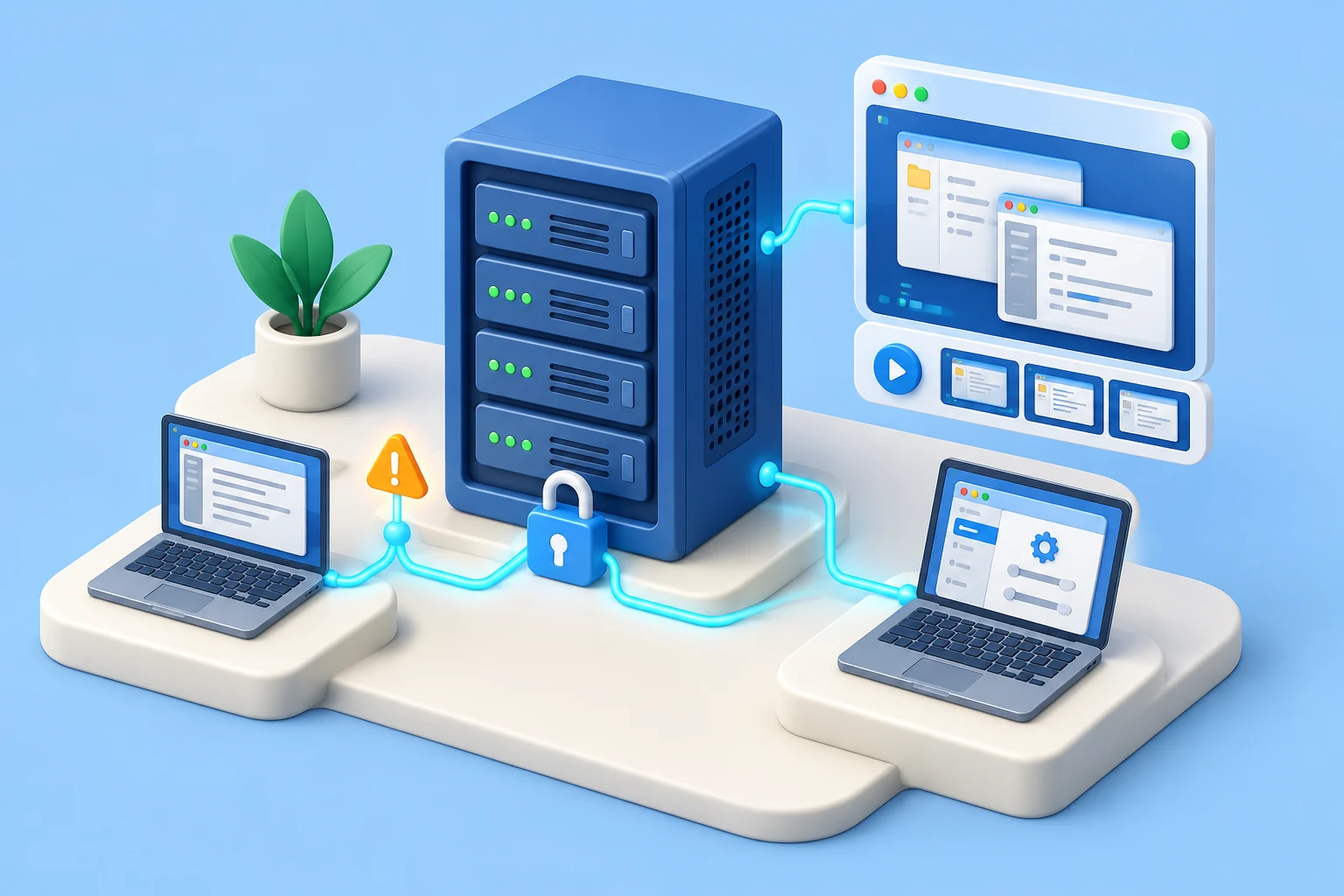 3D illustration of a blue server connected to two remote laptops, with a session playback panel, a padlock, and an amber activity alert.