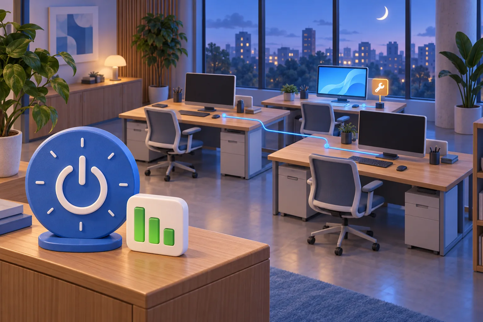 Büro am Abend mit ausgeschalteten Monitoren, einem aktiven Wartungscomputer sowie Symbolen für Stromversorgung, Zeitplanung und Energieverbrauch.