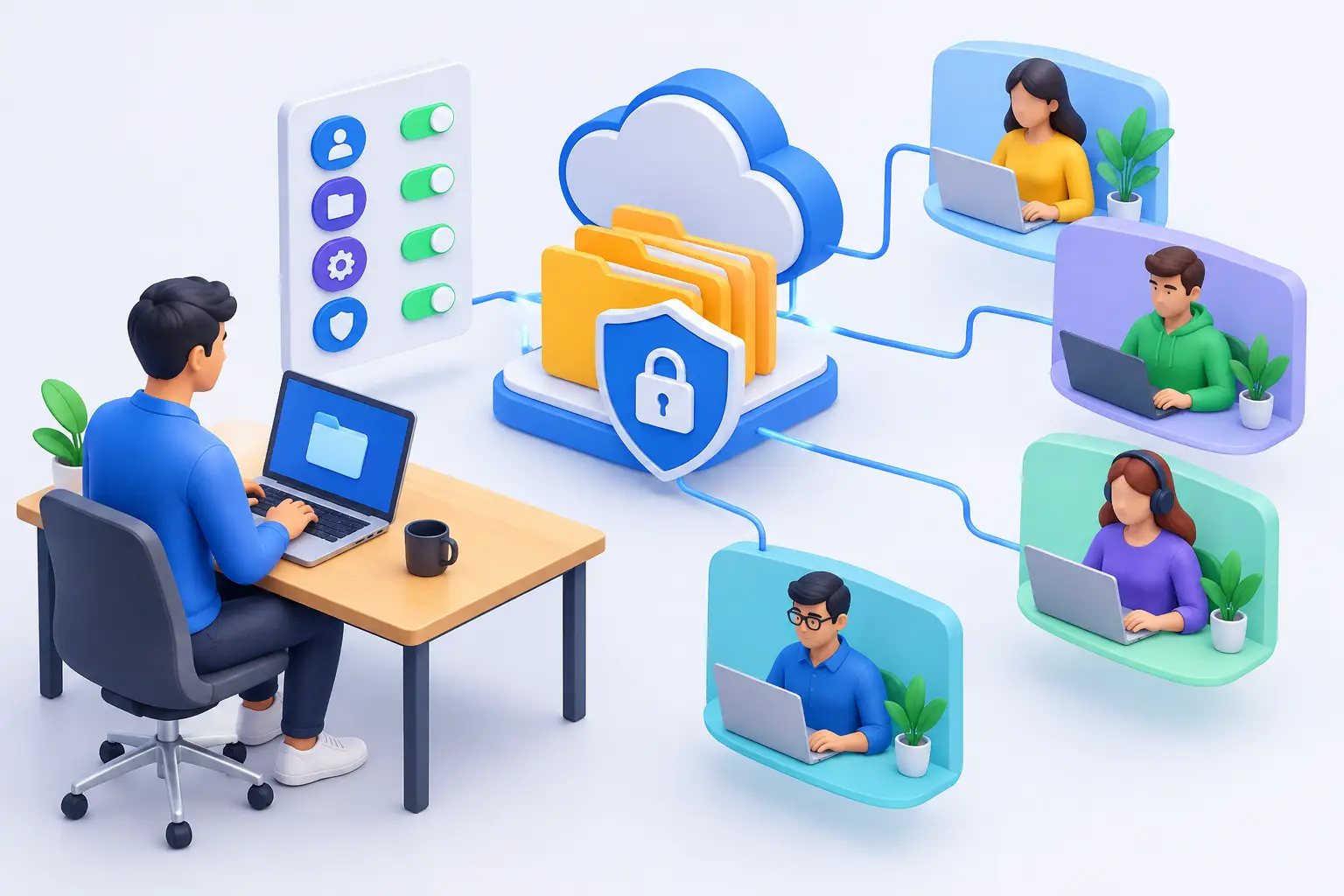 Ein IT-Administrator verwaltet geschützte Firmenordner, die mit vier entfernten Mitarbeitern verbunden sind, neben Zugriffskontrollen und einem zentralen Speichersymbol.