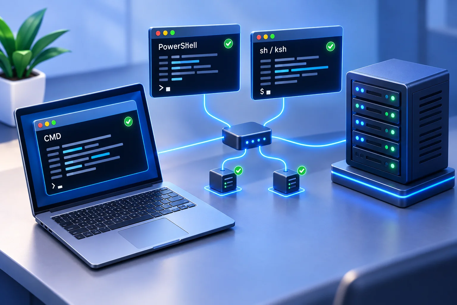 CMD, PowerShell, and sh/ksh terminal panels linked through a network hub to a laptop, server, and remote endpoints with green status checks.