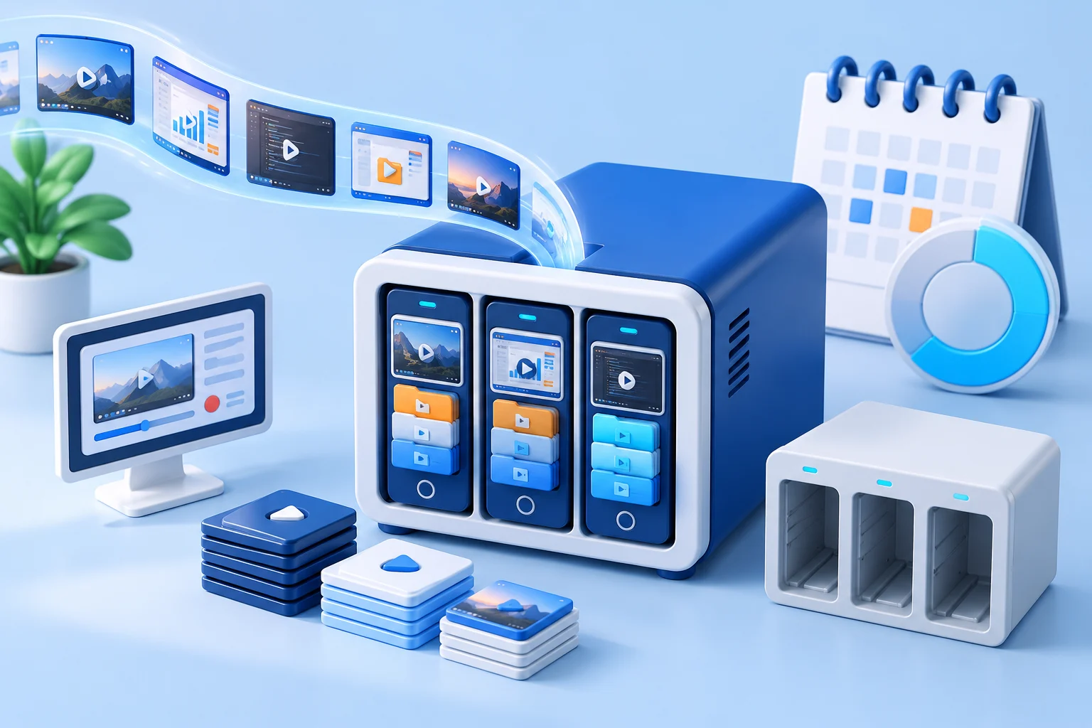 A blue storage appliance beside a ribbon of screen recording frames, a calendar and a capacity gauge illustrates recording storage planning.
