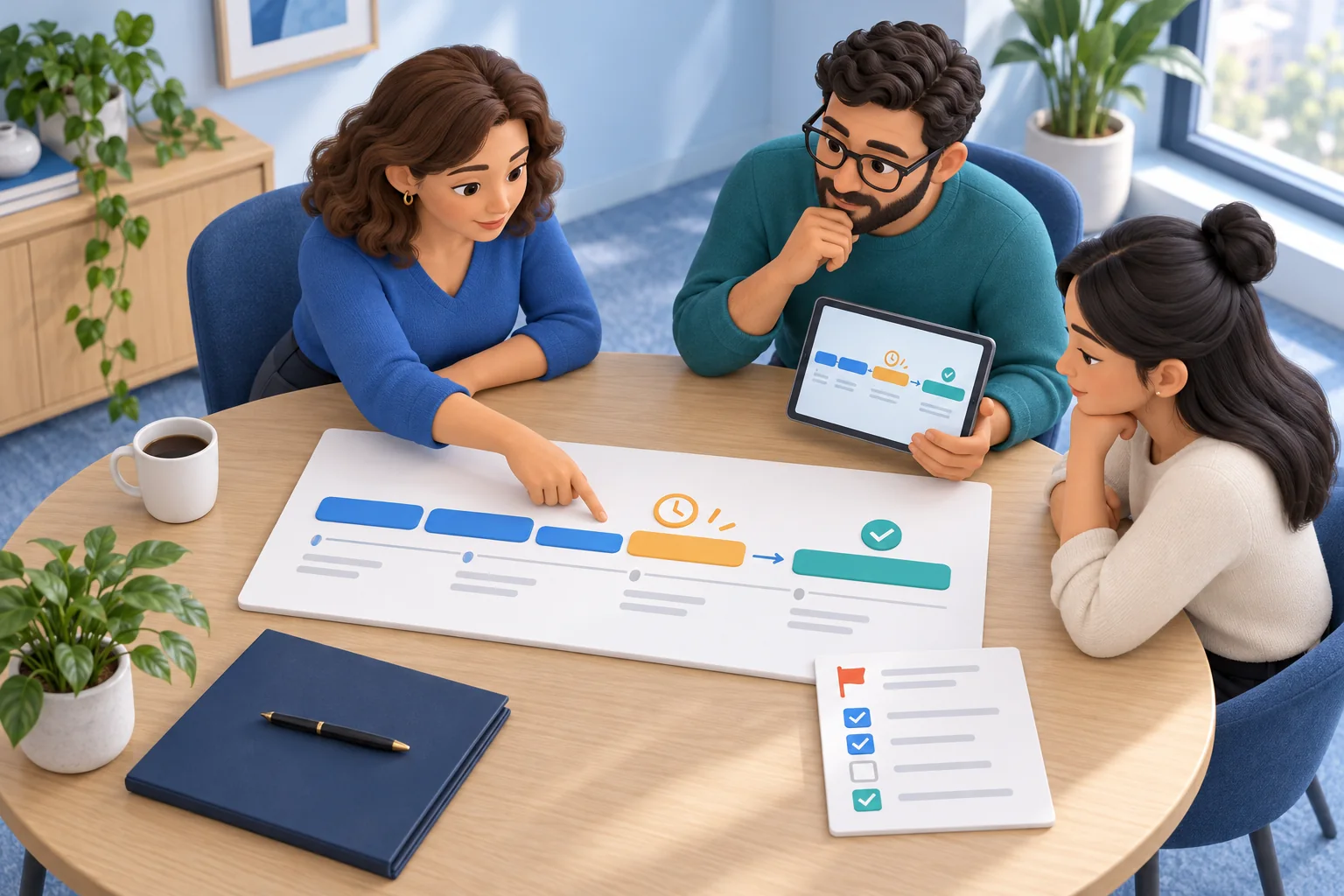 A manager and two colleagues review a work activity timeline, an amber delay, and an incident checklist together at a meeting table.