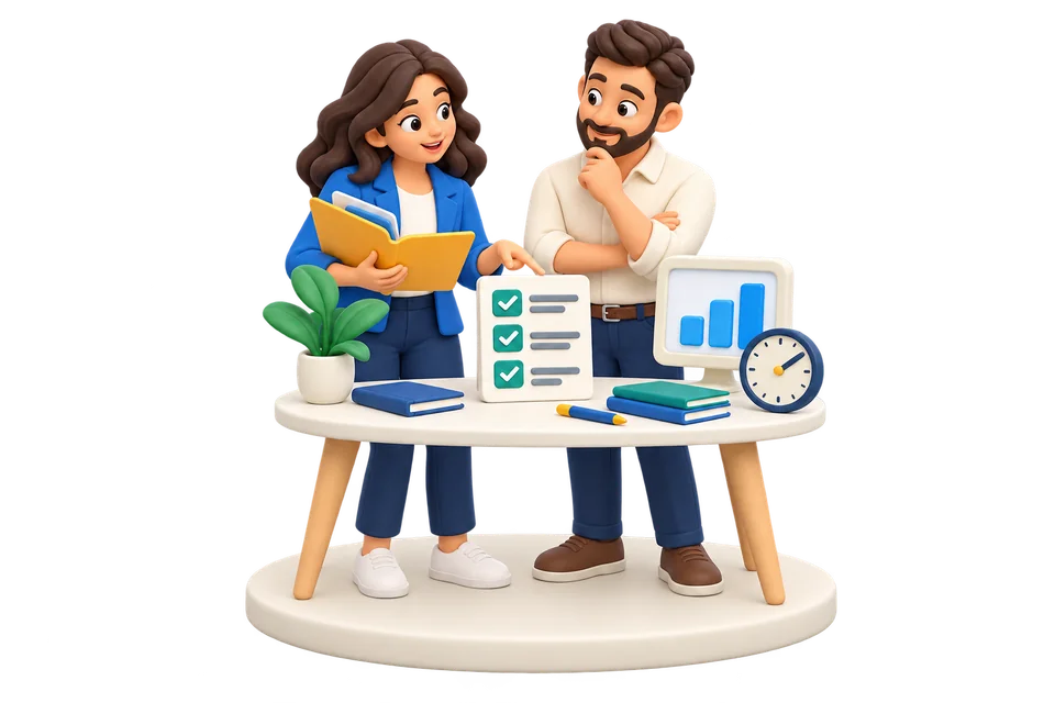 کام کی پیش رفت اور مکمل شدہ کاموں کا جائزہ لیتے ساتھی